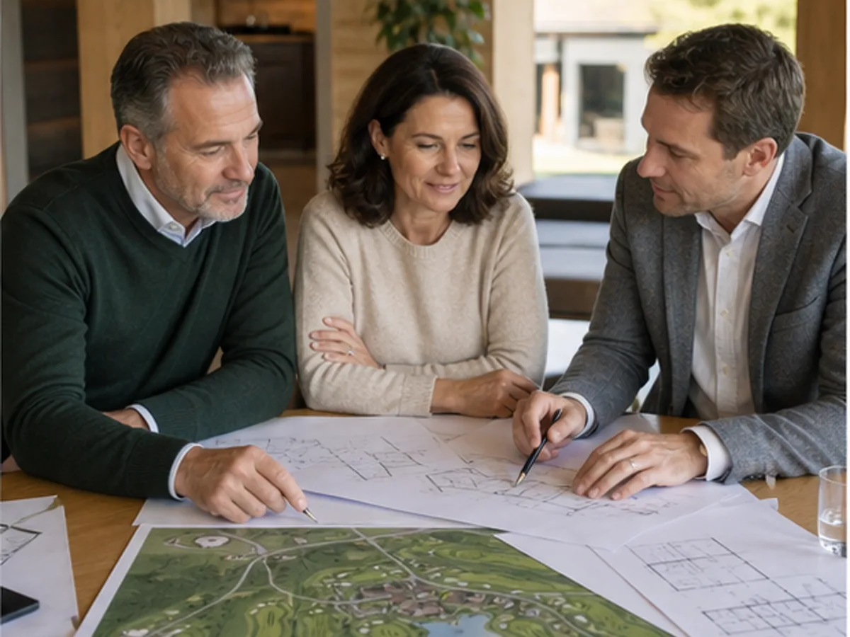 Personen besprechen Pläne eines Golf- und Wellnessbetriebs
